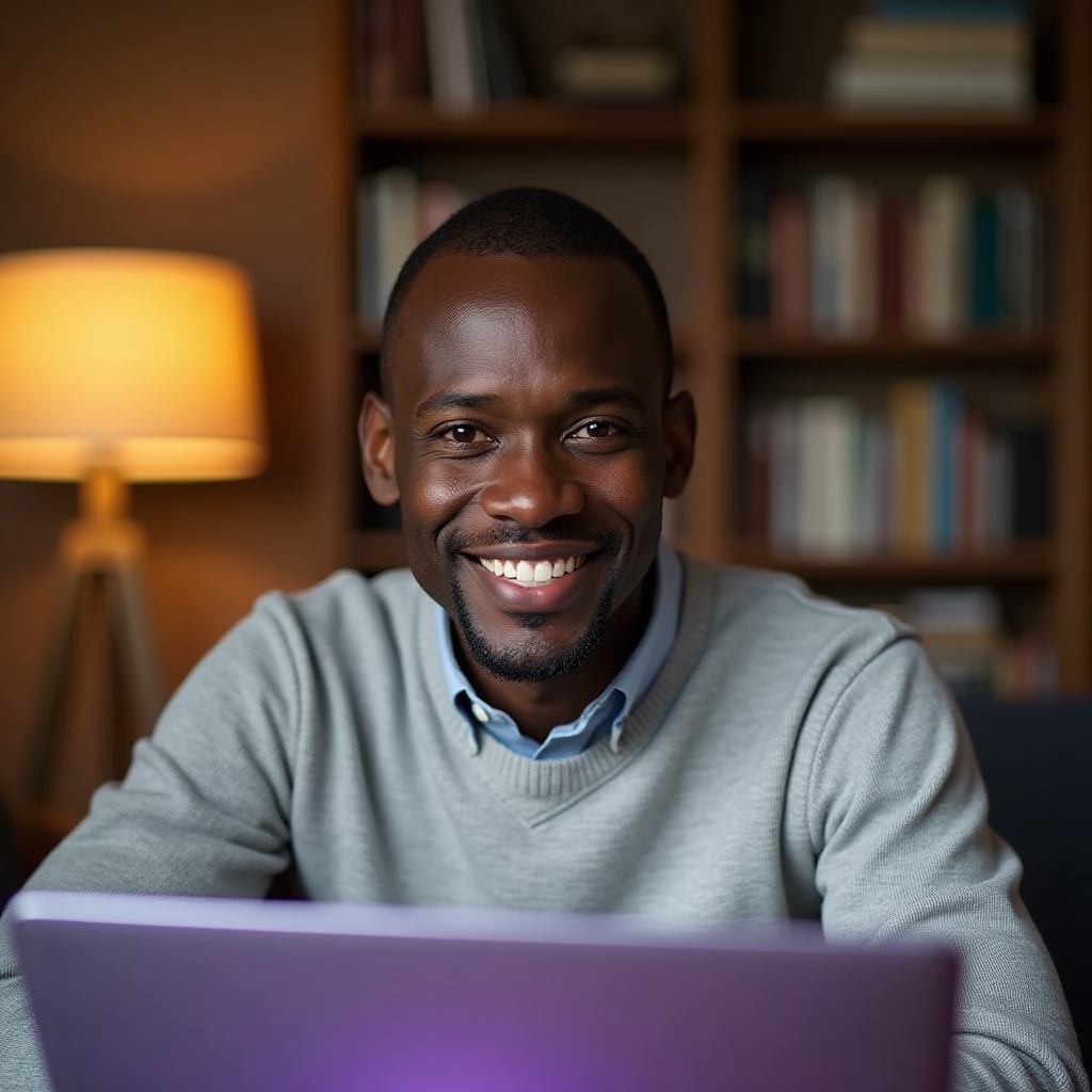 Remote worker smiling during a video call in a warm, well-lit home office space